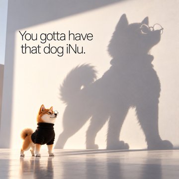 A small Shiba Inu wearing a black shirt stands next to a dramatic shadow of a much larger, muscular dog wearing sunglasses on a white wall, with text reading "You gotta have that dog iNu." The image humorously parallels the post's message about $AI (the small dog) paired with the powerful force of NVIDIA (the towering shadow), suggesting that combining these two could create an unstoppable force in the market.