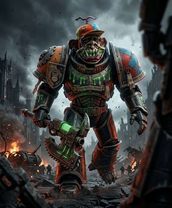 A dark, apocalyptic illustration of an armored, villainous character wearing a jester-style hat and holding a glowing green axe, walking through a ruined, fiery battlefield.