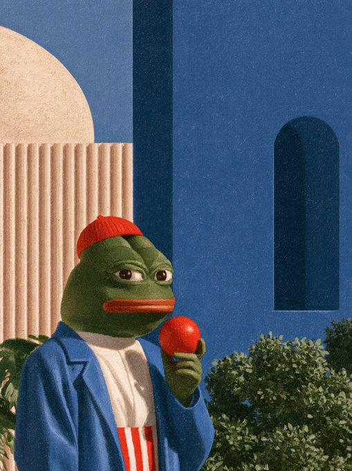 An illustrated green frog-like character in a blue suit and red beanie holds an apple in front of an abstract architectural background.
