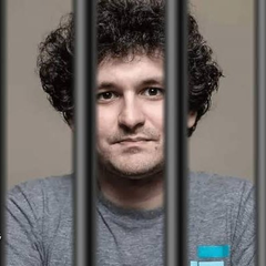 A man with curly dark hair stands behind metal bars in a mugshot-style photo, with his face visible between the vertical bars. The image is used to represent Sam Bankman-Fried (SBF) in the context of the post about his reported million-dollar purchase of the Uniswap domain.