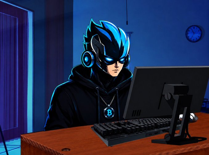 A digital illustration of a stylized cyberpunk character wearing headphones and a Bitcoin pendant, sitting at a computer desk with a monitor and keyboard.