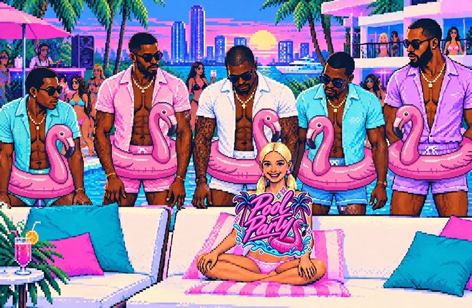 A vibrant, stylized illustration of a 'Pool Party' featuring a blonde woman in a bikini sitting in front of five men wearing colorful open shirts, sunglasses, gold chains, and pink flamingo floaties, with a neon-lit city skyline in the background.