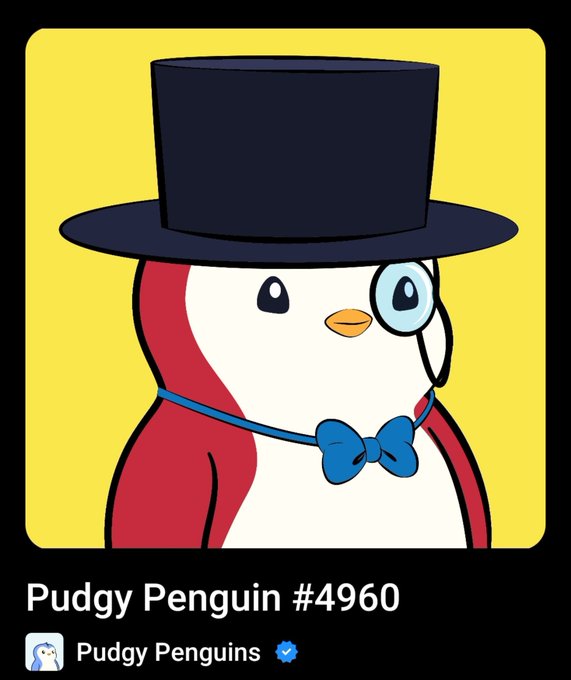 A digital collectible card displays a cartoon penguin wearing a black top hat, monocle, and blue bow tie, labeled 'Pudgy Penguin #4960' from the 'Pudgy Penguins' collection.