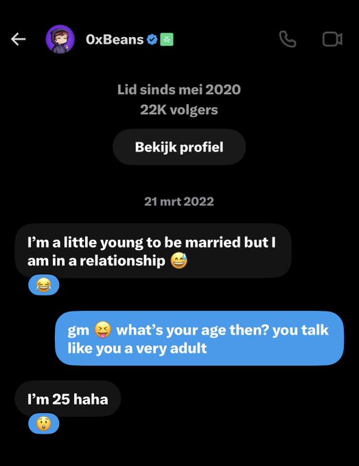 A screenshot of an Instagram DM conversation with OxBeans (@0xbeans), dated March 21, 2022, showing a playful exchange where they reveal they're 25 and in a relationship, joking that they talk like "a very adult." The caption highlights a personal DM exchange with the NFT project's founder as evidence of an authentic connection to the Standard RSV community.