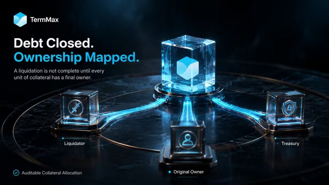 A promotional graphic for TermMax featuring the headline "Debt Closed. Ownership Mapped." with a central illuminated cube connected to smaller labeled blocks representing the Liquidator, Original Owner, and Treasury, illustrating the protocol's auditable collateral allocation process following borrower liquidations.