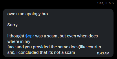 The image shows an email message from someone named "Sender" that contains a claim about a scam involving $XPR, which is a type of cryptocurrency. The message includes a screenshot of the original text, indicating that the sender has provided evidence for their claim. The email also mentions that the recipient should know about this scam and not fall for it.