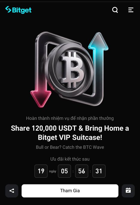 A Bitget promotional graphic featuring a Bitcoin coin with up and down arrows, advertising 'Share 120,000 USDT & Bring Home a Bitget VIP Suitcase!' with a countdown timer showing 19 days, 5 hours, 56 minutes, and 31 seconds remaining.