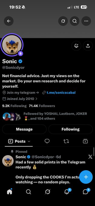 A social media profile for 'Sonic' (@Sonicdyor) with 71.4K followers displays a pinned post about crypto 'COOKS' and a Telegram link.