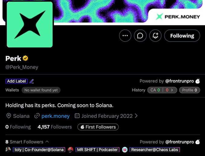 A screenshot of the Perk (@Perk_Money) Twitter/X profile page, which displays 4,157 followers and lists Toly (Co-Founder of @Solana) among its notable smart followers. The profile describes Perk as "Holding has its perks. Coming soon to Solana," aligning with a post endorsing the $PERK token based on its concept and high-profile endorsements.