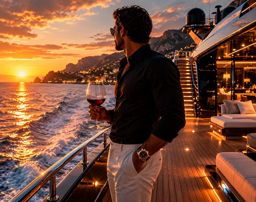 The image shows a man standing on a boat with his back to the camera, holding a glass of wine while overlooking the ocean. The sky above him has a beautiful sunset, creating a serene atmosphere for the scene. In the background, there are several buildings visible, suggesting that they might be near a city or coastal area. The image also contains text that reads "It's 203. You bought Bitcoin at a discount in 2026 while your buddies were piling into the S&P 500, Nasdaq, VOO, and Nvidia at all-time highs." This could possibly be an advertisement for Bitcoin or related cryptocurrency trading services.