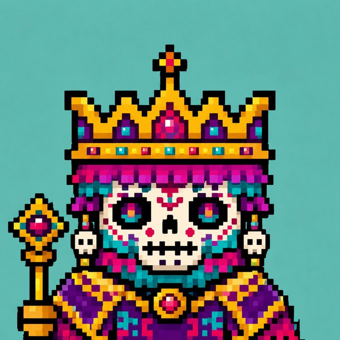 A pixel art illustration of a regal figure styled like a Día de los Muertos sugar skull, wearing an ornate golden crown and holding a jeweled scepter against a teal background. The vibrant artwork matches the "Piñata King" theme of the post, depicting the NFT mascot ahead of the project's 5,555-piece mint giveaway.