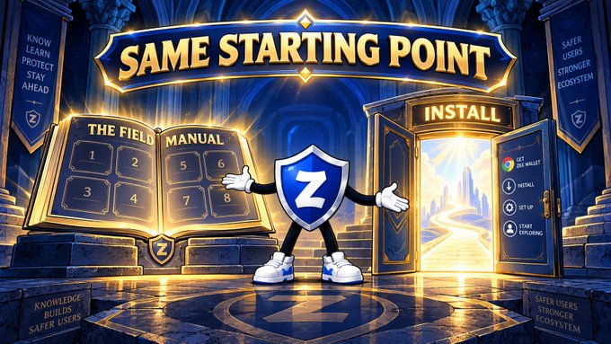 A promotional graphic titled 'SAME STARTING POINT' features a cartoon shield mascot labeled 'Z' between a glowing 'FIELD MANUAL' book on the left and an 'INSTALL' door on the right, with text like 'KNOW LEARN PROTECT STAY AHEAD' and 'SAFER USERS STRONGER ECOSYSTEM'.
