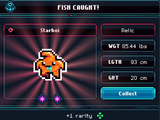 A pixel art video game screenshot titled 'FISH CAUGHT!' shows a caught fish called 'Starboi' with stats: WGT 85.44 lbs, LGTH 93 cm, GRT 20 cm, and a 'Collect' button.