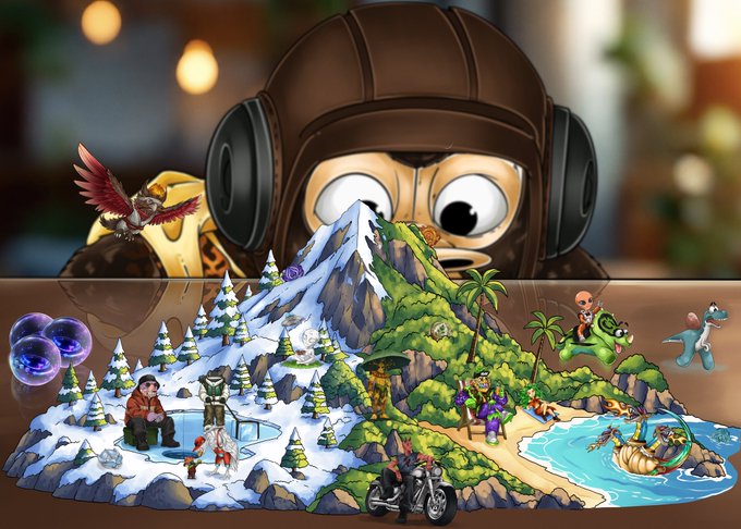 A person wearing headphones and a leather aviator hat sits behind a colorful 3D diorama featuring diverse biomes (snowy mountains, tropical islands, and fantasy characters like dinosaurs, wizards, and a biker). The accompanying text "We Are Solana" suggests the image symbolizes the diversity and vibrancy of the Solana community, with each biome and character representing a unique facet of the ecosystem.