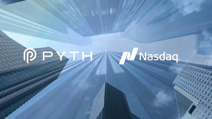 A graphic featuring the logos "PYTH" and "Nasdaq" displayed against a backdrop of skyscrapers and sky with a blue color scheme.