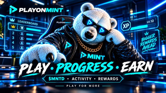 A promotional banner for 'PLAYONMINT' featuring a cool bear mascot wearing sunglasses and a leather jacket, with the text 'PLAY · PROGRESS · EARN' and indicators for '$MNTD ACTIVITY REWARDS'.