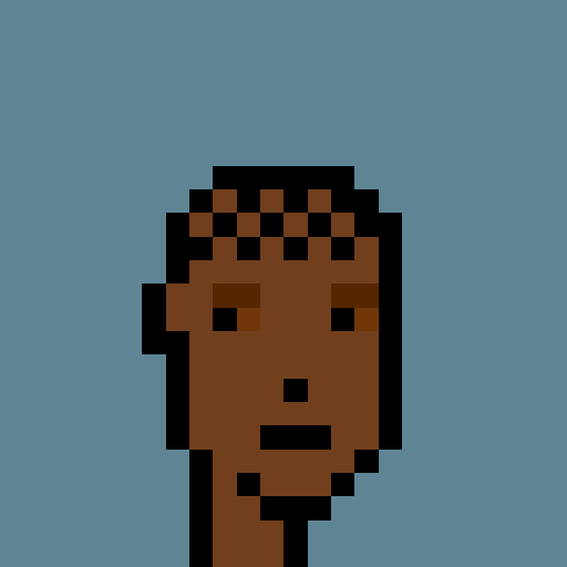 A low-resolution, pixel art-style portrait of a character with dark skin, closed eyes, and a beard against a solid blue background.