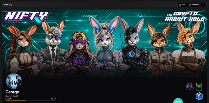 A video game profile screen for 'NIFTY' and 'The Dayato Rabbit Hole' showing seven anthropomorphic rabbit characters in cyberpunk-style attire.
