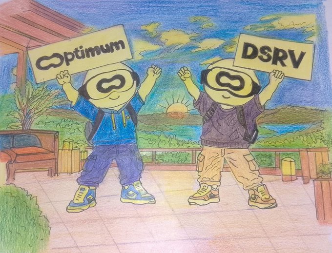 A hand-drawn colored pencil illustration of two yellow figures wearing Metamask logos as heads, holding up signs reading 'Optimum' and 'DSRV'.