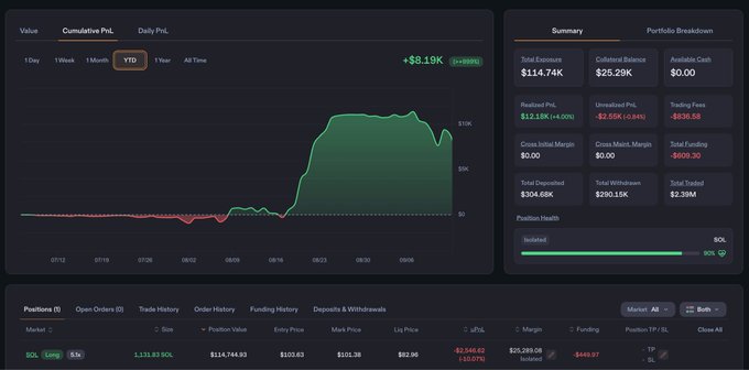 A trading dashboard displays a YTD cumulative PnL chart showing a gain of +$8.19K (+3.04%) alongside portfolio metrics including $114.74K total exposure, $25.29K collateral balance, and a SOL long position of 133.93 SOL at a $101.38 entry price with -$2,546 unrealized PnL. The interface, likely from Phoenix Trade, illustrates the leveraged perpetual trading mechanics described for the PerpsPad memecoin launchpad.