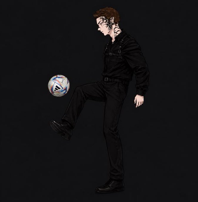 An illustrated figure of a young man with facial markings, dressed entirely in black, juggling a soccer ball on his foot against a dark background.