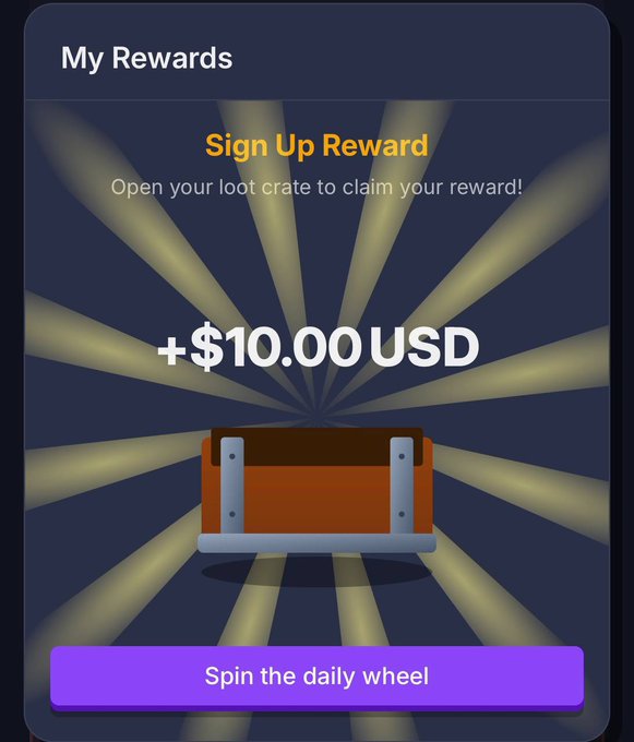 A promotional 'My Rewards' screen offering a '+ $10.00 USD Sign Up Reward' with a 'Spin the daily wheel' button below a treasure chest.