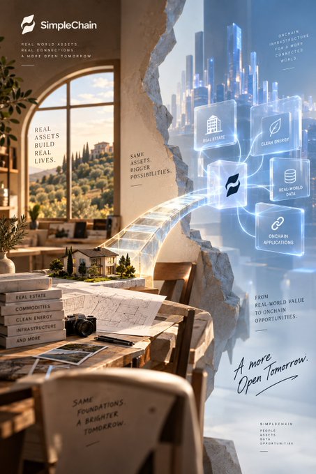 A promotional poster for SimpleChain featuring the tagline 'A MORE OPEN TOMORROW' with text highlighting real assets, real estate, clean energy, and infrastructure, showing a split scene between a physical workspace and a futuristic digital city.