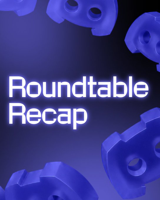 A dark blue graphic featuring 3D gear shapes with the glowing white text "Roundtable Recap" centered on the image, serving as a header for the Discord recap covering NFP/gold analysis, BTC weekend trading, IF rules discussion, and Instant Energy/Funding topics.