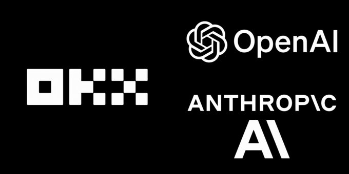 A black background displaying white logos for OpenAI, OKX, and Anthropic AI.
