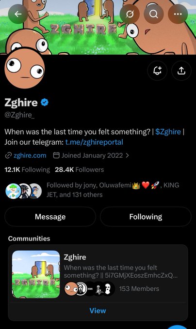A Twitter/X profile screenshot for 'Zghire' (@zghire_) with 12.1K Following and 28.4K Followers, featuring a bio reading 'When was the last time you felt something? | $Zghire | Join our telegram: t.me/zghireportal'.