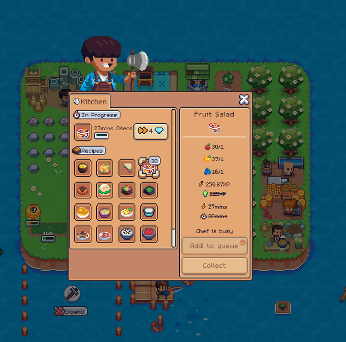A pixel-art farming/cooking game interface showing a 'Kitchen' menu with a Fruit Salad recipe selected, listing ingredients (apple, corn, blueberry) and a 'Chef is busy' status.