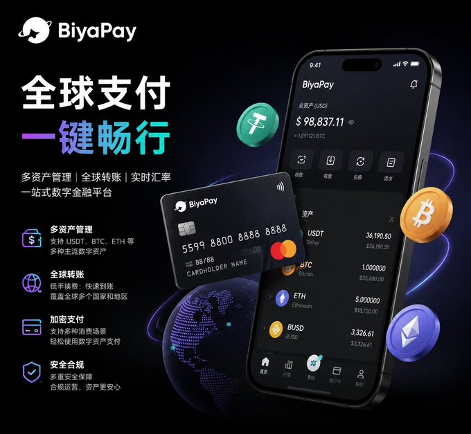 A promotional image for **BiyaPay**, a global digital payment platform, showcases a smartphone displaying an account balance of **$98,837.11** (≈1.0971221 BTC) alongside a virtual BiyaPay card and cryptocurrency icons (USDT, BTC, ETH, BUSD). The ad highlights features like multi-asset management, global transfers, crypto payments, and security compliance, aligning with the post's promotion of new user perks offering fee deductions for top-ups of ≥50 USDT.