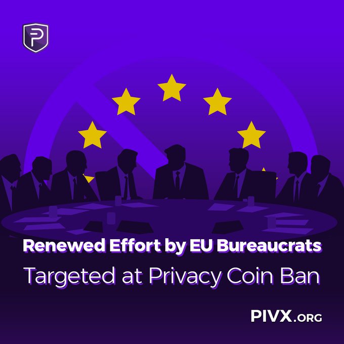 A purple promotional graphic from PIVX.org showing silhouettes of EU bureaucrats seated around a conference table beneath EU stars, with text reading 'Renewed Effort by EU Bureaucrats Targeted at Privacy Coin Ban.'