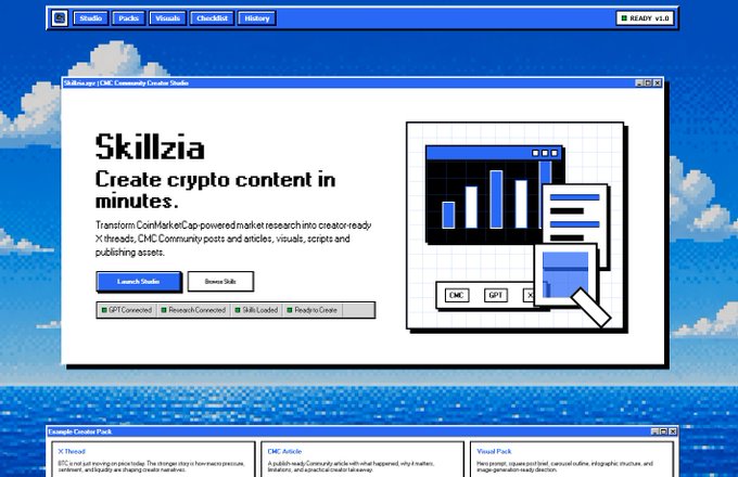 A retro-styled webpage for "Skillzia" advertises a tool to create crypto content in minutes, powered by CoinMarketCap, with a launch studio and demo skills options.