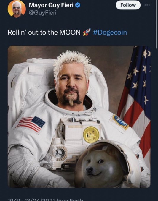 A tweet from Guy Fieri (@GuyFieri) with the caption "Rollin' out to the MOON 🚀 #Dogecoin" shows a photoshopped image of Fieri in an astronaut suit with a Doge (Shiba Inu) meme face. The post reflects the 2021 crypto bull market hype, when celebrities and public figures enthusiastically promoted Dogecoin and the "to the moon" rallying cry became ubiquitous across social media.