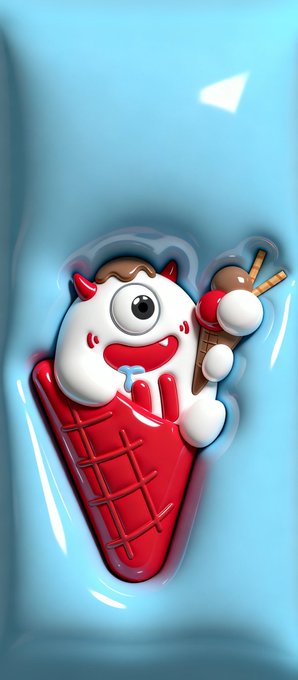 Digital artwork of a cute cartoon ice cream cone with devil horns, a single large eye, and a red waffle cone, holding an ice cream scoop on a stick against a glossy blue background.
