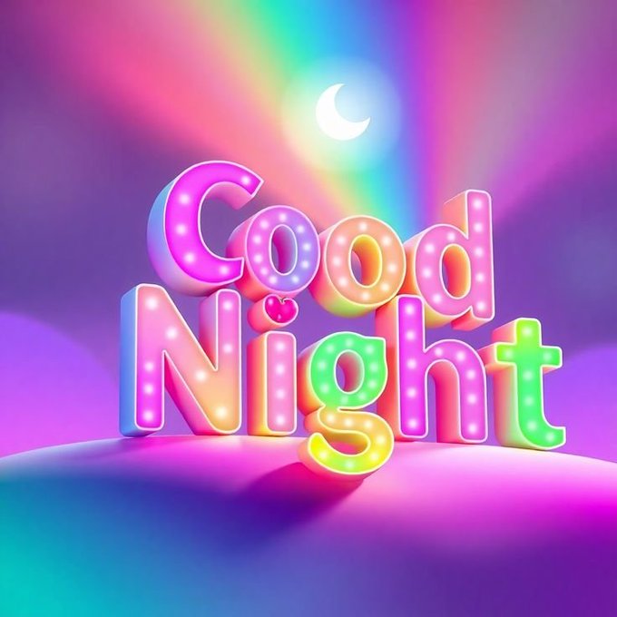 Colorful 3D illuminated marquee-style letters spelling 'Good Night' with a small heart and crescent moon above, set against a vibrant purple and rainbow gradient background.