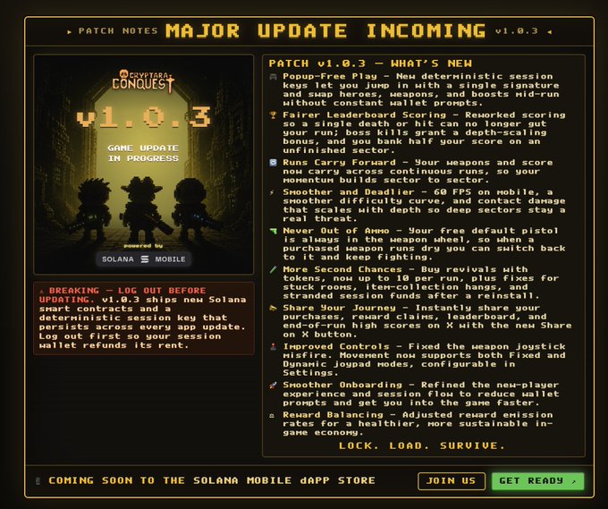 The image is a patch notes announcement for "NightTears Conquest" v1.0.3, detailing gameplay and on-chain updates including "Pop-up-Free Play," "Fairer Leaderboard Scoring," "Runs Carry Forward," and "Smoother Onboarding," set to release on Solana Mobile. It visually supports the post's message about the v1.0.3 update by highlighting key improvements like revamped revives and fairer scoring built from player feedback.