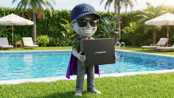A cartoon character wearing sunglasses, a cap, and a purple cape stands by a pool holding a laptop labeled 'Variational'.