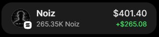 A financial widget showing 'Noiz' with a price of $401.40, 265.35K Noiz volume, and a positive change of +$265.08 in green text.