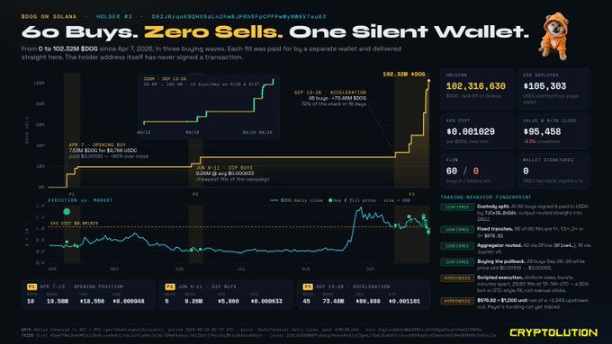 A Cryptolution data graphic titled "60 Buys. Zero Sells. One Silent Wallet." details a $0 to $102.32M trading portfolio on Solana, showing buy timing, fees paid ($0.001029), and cost basis across dates in 2025.