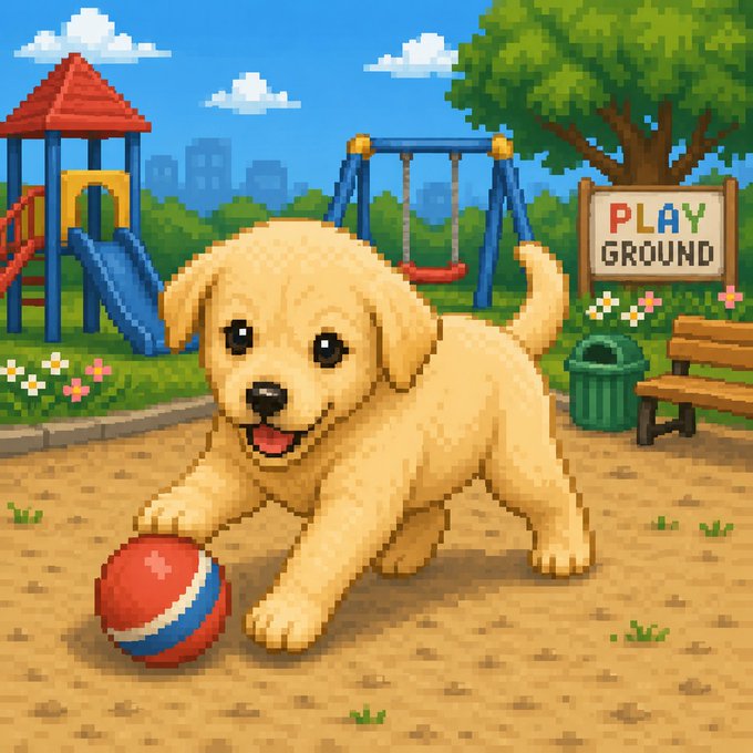 The image features a cartoon puppy running with a red ball, located in a park setting. The background of the image includes a playground, benches, trees, and flowers. There are also some text elements present in the image that read "In a forgotten 8-bit world, a puppy discovered a portal to Solana. That puppy was Pixel Jotchua. Now he'S collecting memes, making friends, and chasing green candles across the blockchain. Join the adventure." The post is related to the image as it features a cartoon of a puppy with a red ball in a park setting, which is consistent with the playful theme of the image.