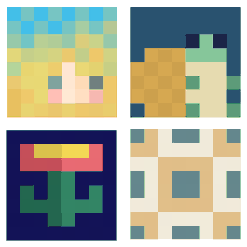 A collage of four pixel-art style images including a face, a blocky figure, a flower, and a patterned tile.