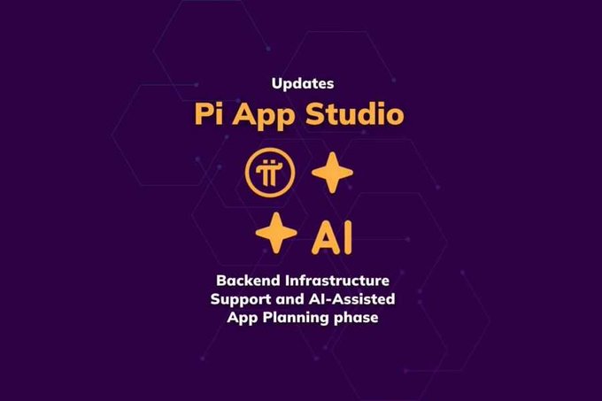 A purple graphic announcing 'Updates: Pi App Studio' with icons indicating 'Backend Infrastructure Support and AI-Assisted App Planning phase'.