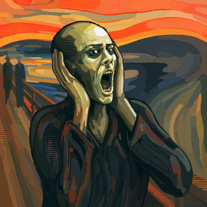 A pixel-art reinterpretation of Edvard Munch's iconic "The Scream" depicts the anguished figure clutching its face against a swirling, fiery sky, with two silhouetted figures walking on the bridge behind it. The digital rendering pays homage to classical art history, fitting the post's celebration of real craft and world culture as a unique 1/1 collectible.