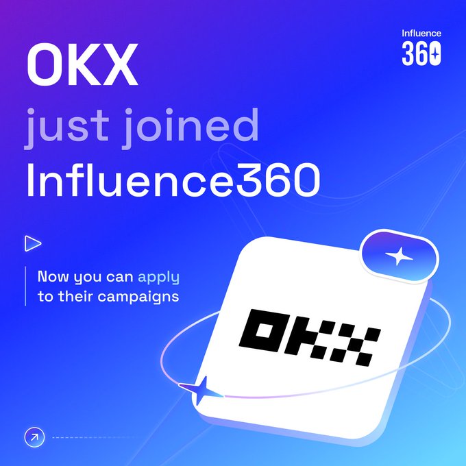 An advertisement graphic announcing "OKX just joined Influence360" with text "Now you can apply to their campaigns" against a blue/purple gradient background.