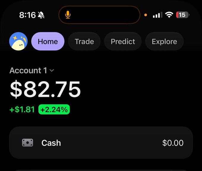 The image shows a crypto/trading app screenshot displaying Account 1 with a balance of $82.75, up $1.81 (+2.24%), with navigation tabs for Home, Trade, Predict, and Explore. The accompanying post appears to be a promotional giveaway scam asking users to follow an account and send SOL cryptocurrency to receive $50, which contradicts the visible portfolio that shows no cash balance ($0.00) and would likely result in financial loss for participants.