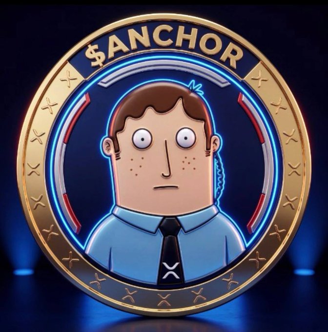 A stylized crypto coin branded "$ANCHOR" features a cartoon mascot character with brown hair, freckles, and a blue shirt with tie, surrounded by a gold rim with XRP-style symbols and glowing blue neon accents—visually bringing "The Anchor" to life as a brand mascot on the XRPL network.