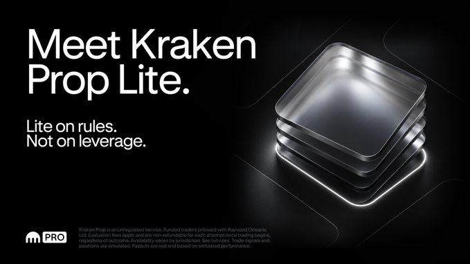 A black advertisement reading 'Meet Kraken Prop Lite. Lite on rules. Not on leverage.' featuring a metallic square icon and the 'PRO' logo.