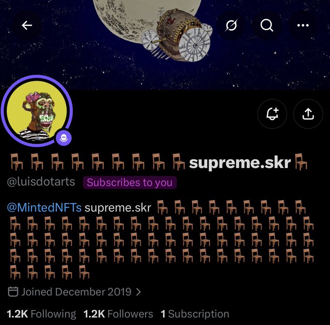 A profile screenshot of @luisdotarts displaying the username "supreme.skr" prominently amid a sea of chair emojis, confirming the "CHAIR IS CHAIR" reference, with metrics showing 1.2K Following, 1.2K Followers, and a "Subscribes to you" badge indicating they subscribe to the viewer's content.